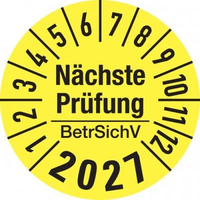 König Werbeanlagen Jahresprüfplakette ab 27, Nächste Prüfung BetrSichV, gelb/schwarz, Folie, Ø 30 mm - Bogen = 10 Plaketten - 30 mm Folie selbstklebend