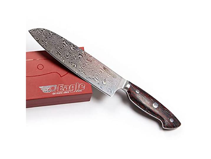 Eagle U-Grip - Santoku-Messer 18 cm - Voll-Damaststahl 108 Lagen/Heftschalen: G10 schwarz-rot-weiß