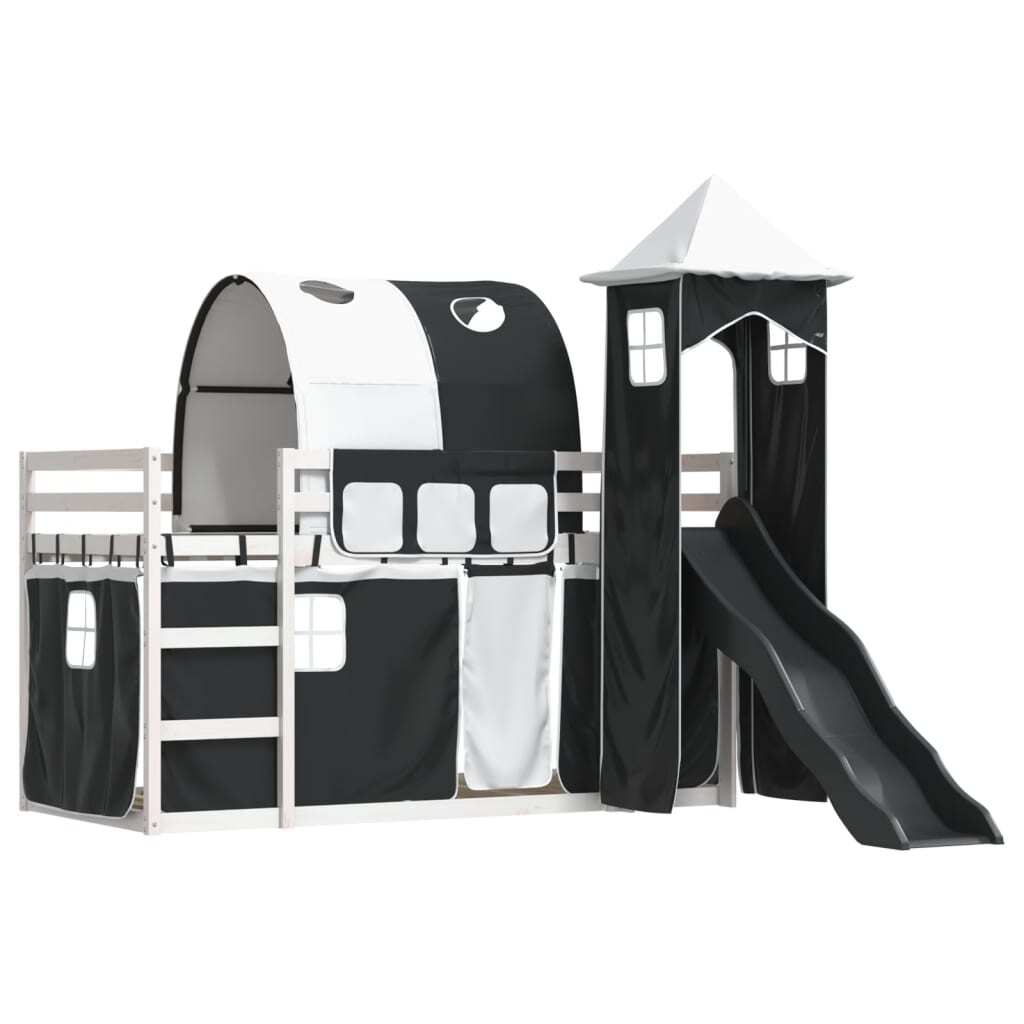 Maison Exclusive - Etagenbett mit Rutsche und Gardinen Weiß und Schwarz 90x200 cm