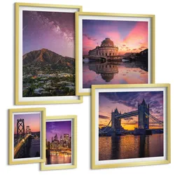 BILDER SET 5er Set - 50x50 cm & 20x30 cm & 40x60 cm Goldrahmen - Brücken, Sonne, Stadtblick