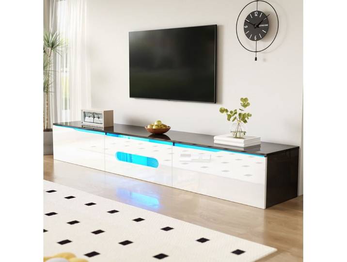 HOMVRA Meuble TV LED 180x35x30 cm - 3 Portes Rabattables - Design Moderne - Blanc