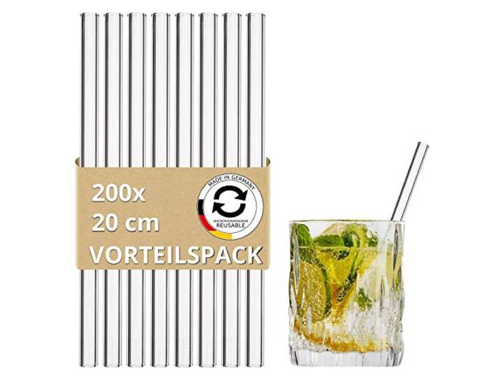 Glas Strohhalme 20 cm, 200 Stück - Wiederverwendbare klarglas Trinkhalme aus Spezialglas, Nachhaltig: plastikfreie Glashalme ohne Kunststoff, Glasstrohalme für Cocktails, Smoothies, Saft, Long-Drings