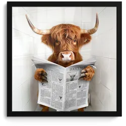 POSTER MIT RAHMEN Schottischer Highlander - Tier - Zeitung - Toilette 40x40 cm