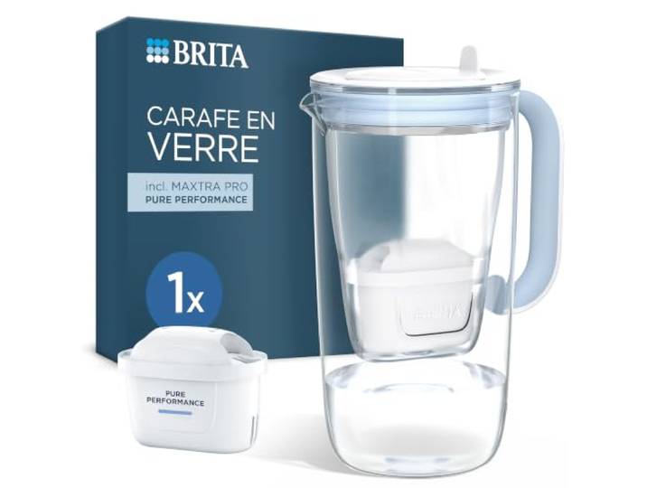Carafe Filtrante en Verre BRITA MAXTRA\, 1 cartouche Pure Performance Bleu Clair\, 2.5 L\, BRITA Smart Light LTI\, couvercle rabattable\, réduit* des impuretés\, certains PFAS**\, chlore et métaux