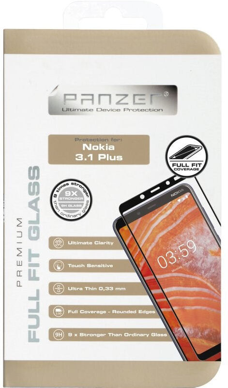 Nokia 3.1 Plus PANZER Premium Hærdet Glas Skærmbeskyttelse m. Sort Ramme - Full Fit