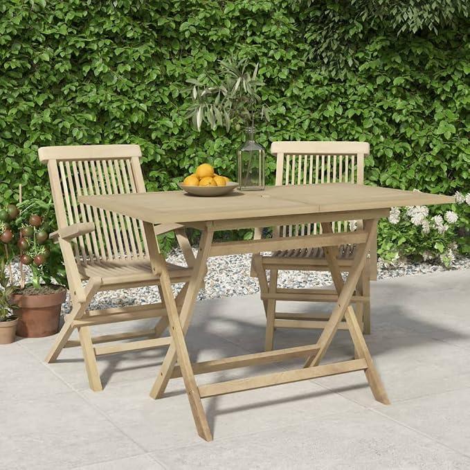 Gartentisch Klappbar Grau aus massivem Teakholz 120x70x75 cm mit Sonnenschirmloch für Garten Terrasse Balkon Outdoor robust und platzsparend