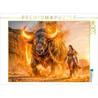 CALVENDO Puzzle Stier - Feuriger Erdkrieger im Sturm der Elemente | 1000 Teile Lege-Größe 64x48cm Foto-Puzzle für glückliche Stunden