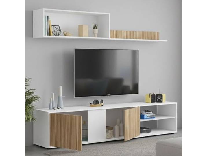 Dmora - Wohnzimmermöbel Titusville, TV-Ständer, Wohnzimmermöbel, Zusammensetzung des Wohnzimmersets, Wohnzimmerset mit Schrankwand, 180 x 33 x 40 cm, Weiß und Eiche