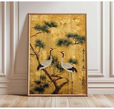 Inspired Finds Vintage Japanese Crane Ukiyo e Wall Art Red Sun Pine Print 19.69x27.56 In golden Crane Art