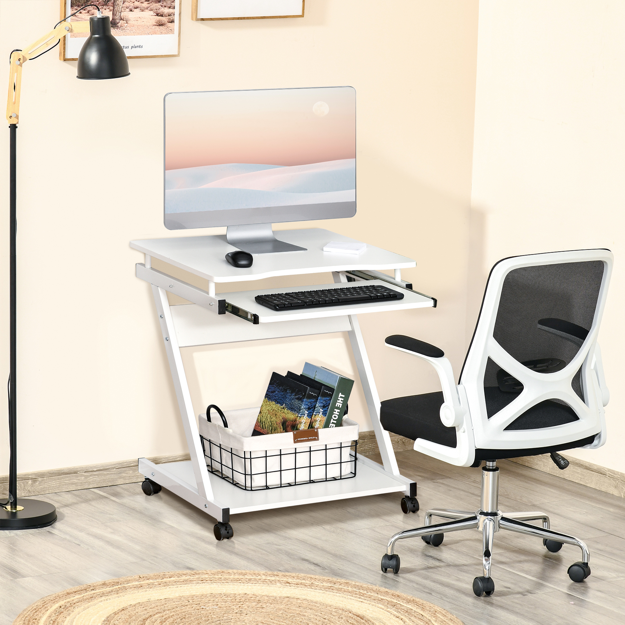 Homcom Tavolo Porta PC Classico e Salvaspazio, Piano Tastiera a Scomparsa, 4 Ruote e Ripiano Inferiore Bianco 60x48x73cm Aosom