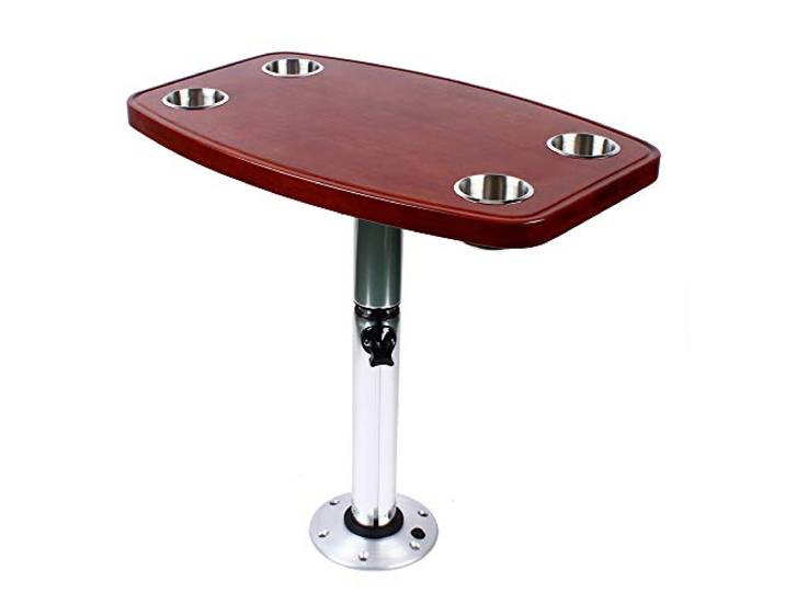 Bootstisch 4 Tassenschlitze RV Yacht Tischgestell Bootstisch, Teleskopisch Tisch Sockel Eiche Tischplatte mit Fuß Abnehmbar Ablagefächer Getränkehalter Verstellbar für Boot Wohnmobile Caravan RV