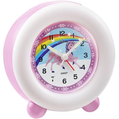 Kinderwecker ATLANTA, rosa (rosa, weiß), Wecker, Kinder, ideal für Reisen, Geschenkidee, Leuchtzeiger, Regenbogen, Einhorn