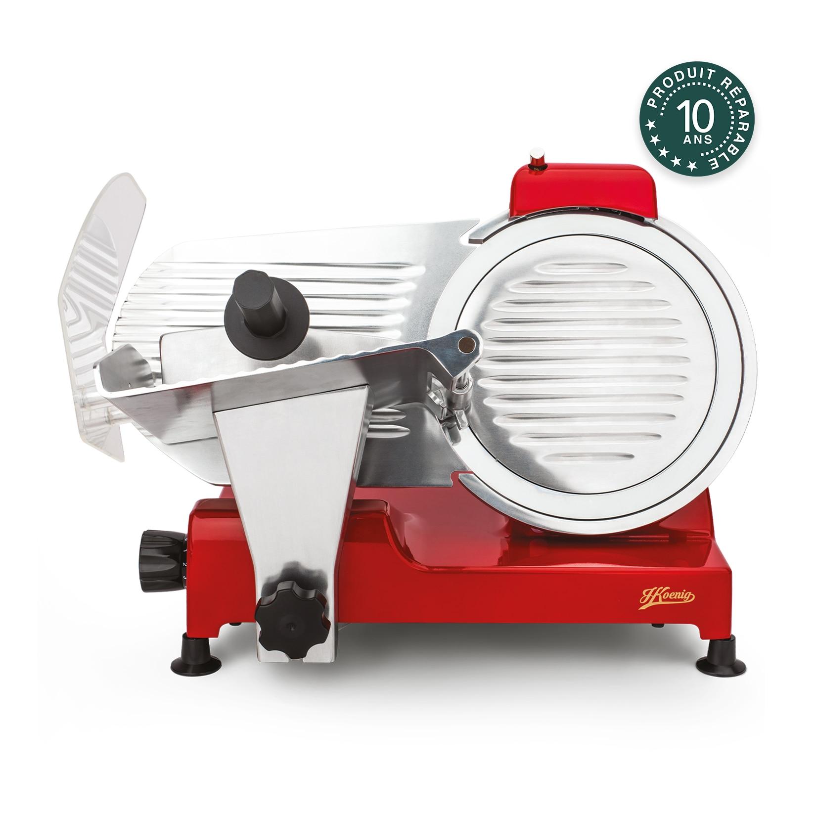 H.Koenig Elektrischer Allesschneider MSX254, Wurstwaren, professionell, Schnitt 0-12 mm, italienische Klinge 25 cm, eingebauter Schärfer, 282 rpm, Rot