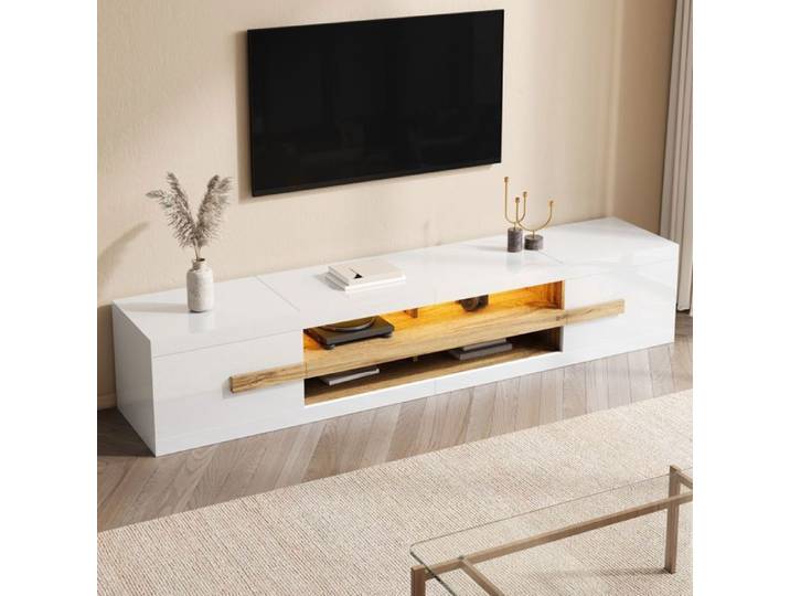 Piaenon - Meuble TV Brillant 200x40x38 cm avec LED 2 Portes Niches Ouvertes Rangement - Blanc