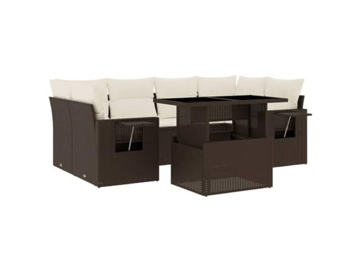 KTHLBRH Gartenmöbel-Set, 7-teilig, Polyrattan, braun, mit Kissen PE-Rattan, pulverbeschichteter Stahl, verstellbare Tischplatte, Klapptische, modulares Design, dicke Kissen