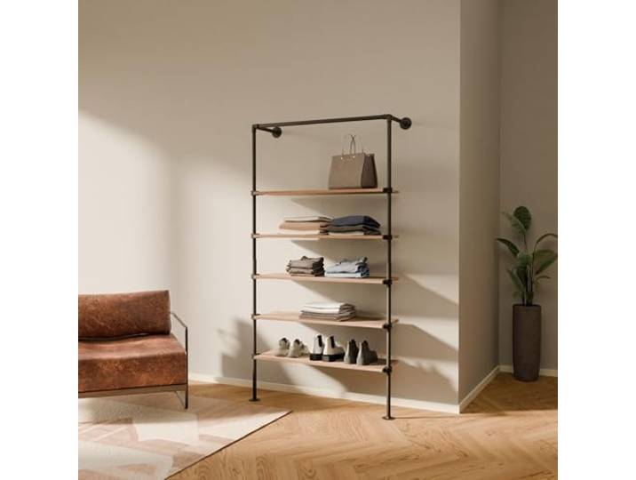 pamo Regal im Industrial Design mit Eichbretter – Traglast 160 kg Begehbarer Kleiderschrank Kleiderständer aus stabilen Wasserrohren zur Wandmontage