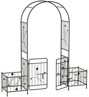 Costway 87 Inches Garden Arbor with Lockable Gate Side Planters-Black