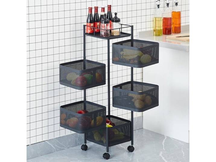Desserte à Roulettes 5 Paniers Chariot à Roulettes Dépliables Meuble pour Cusine Salle de Bain Bureau Acier Noir