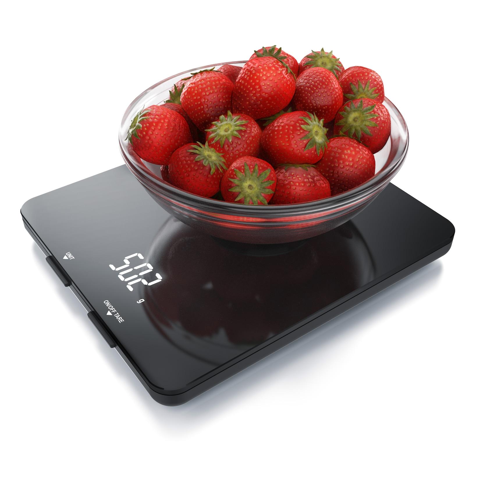 Arendo Küchenwaage mit schwarzer Hochglanz Glasoberfläche 19 x 16,5cm - LED Display - 4mm Glas