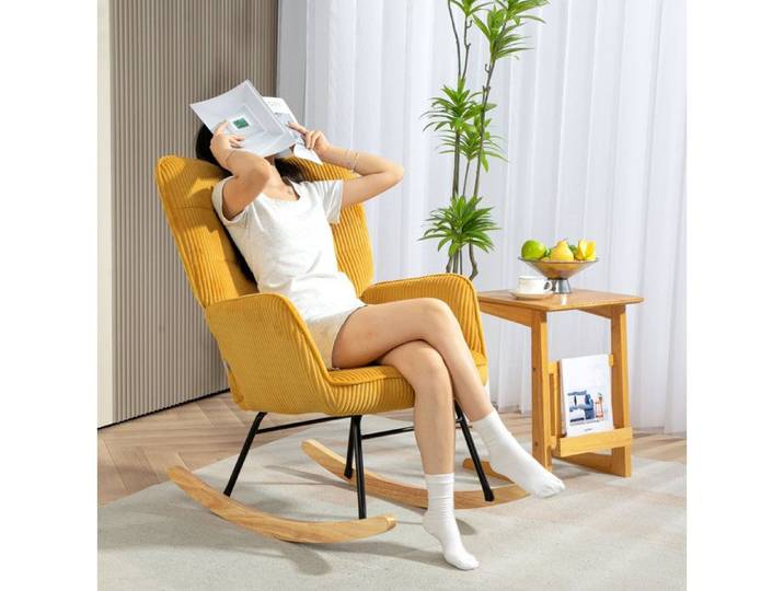 Fauteuil à bascule relax accoudoirs dossier haut 71x98x101 cm acier bois de hêtre tissu jaune salon chambre JOINERY
