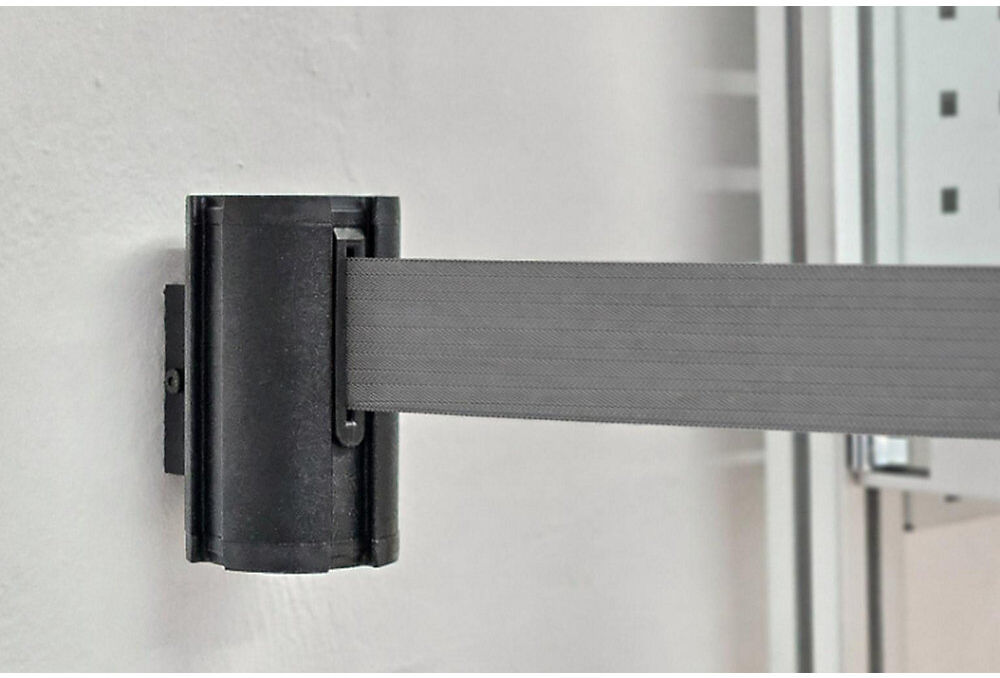 kaiserkraft Gurtbandkassette Wall Mount, Bandauszug max. 3700 mm, Gurtfarbe Silbergrau