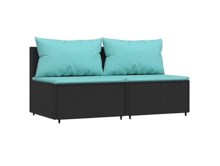 GHVBNMF 2er Set Garten Mittelsofa mit Kissen Poly Rattan Schwarz Modulares Loungesofa für Balkon, Terrassen und Garten. Mit dicken Polstern in Wasserblau und verstellbaren Füßen.
