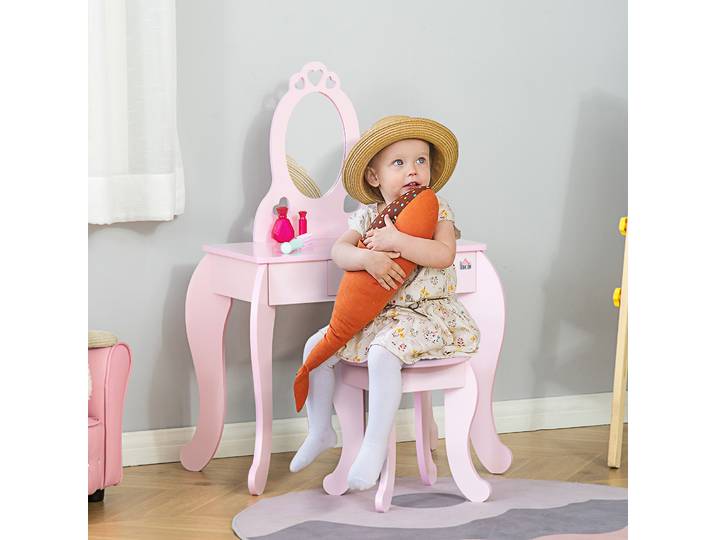 HOMCOM Coiffeuse Girly Enfant Rose Miroir Tiroir