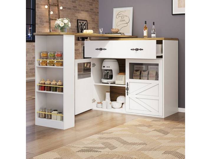 Zitty Table de Bar Extensible Pivotante 360° avec Rangement Îlot de Cuisine MDF 138-204x39x104cm Blanc