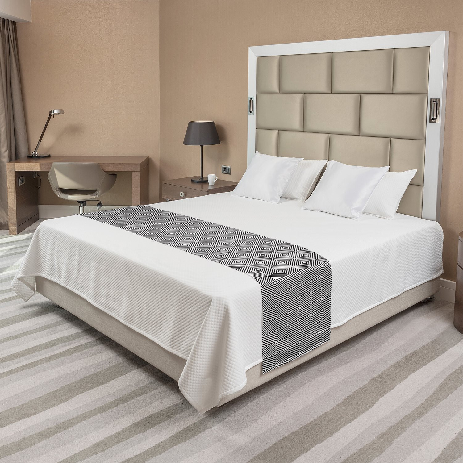ABAKUHAUS Geometrische Ruit Bedloper - Decoratieve Bedloper met Herhalend Patroon - Antracietgrijs en Wit