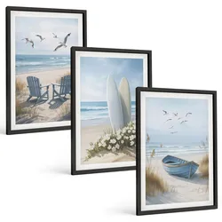 BILDER SET 3er Set - 40x60 cm Schwarzer Rahmen - Strand Surfbretter Vögel