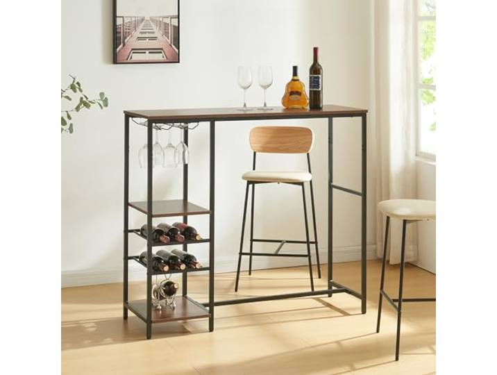 [en.casa] Bartisch Stjørdal Stehtisch mit Flaschenregal Küchentisch 120 x 40 x 105 cm Bistrotisch mit Metallgestell Küchentheke Schwarz/Walnussoptik