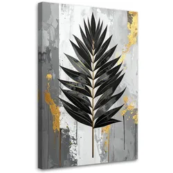 LEINWANDBILDER, Schwarzes Farnblatt auf grauem Hintergrund