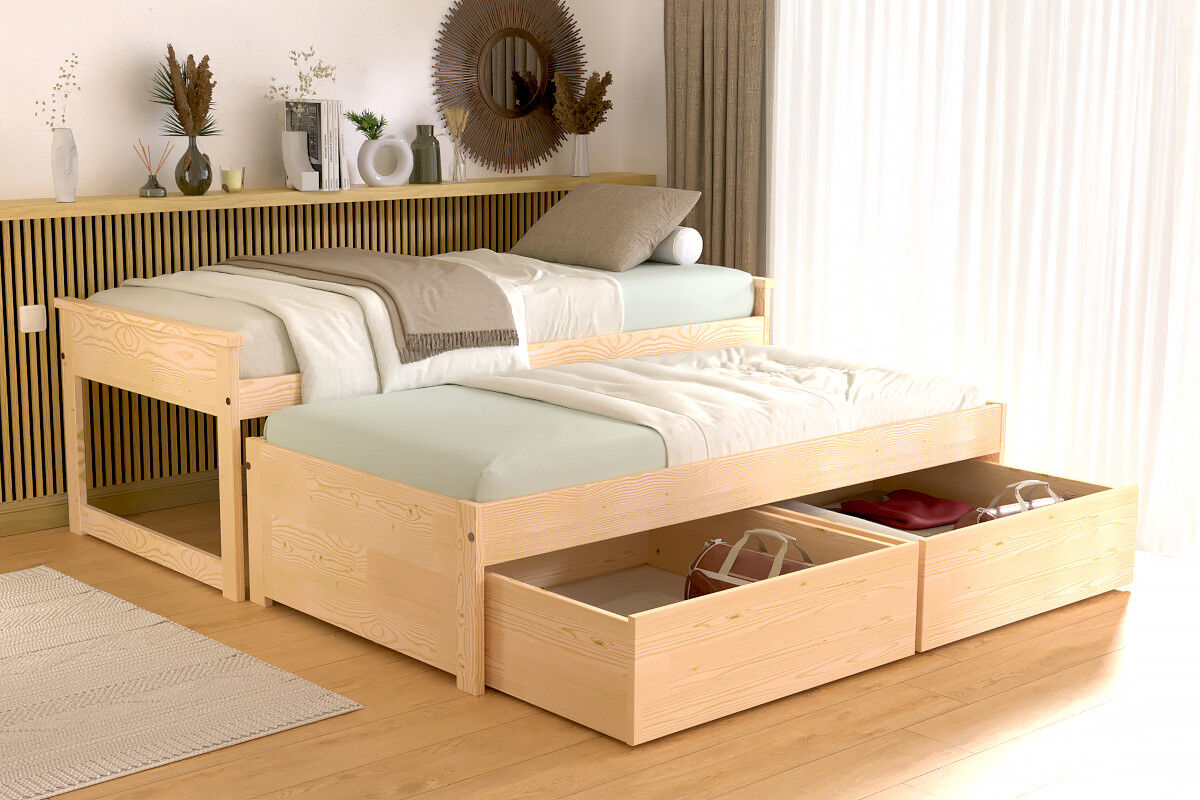 ABC MEUBLES Ausziehbares bett 90x200 Maxi aux Massivholz mit Schubladen - Roh (ohne Lack)