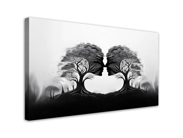 Feeby Bild auf Leinwand Abstrakt Baum Köpfe Kuss Schwarz Weiß 80x40cm, Baum/Pflanze/Natur, Rechteckig, 80x40 cm, Bilder & Rahmen, Bilder, Leinwandbilder