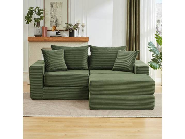 Canapé modulable 3 places convertible en angle ou lit d'appoint - ELVMI - base antidérapante velours côtelé vert