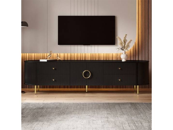 Meuble TV Lowboard - Meuble TV sur pieds - Meuble TV avec rangements - Portes Motif Vague et Coins Arrondis - Noir