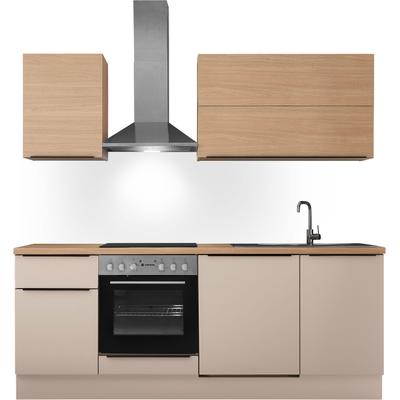Küchenzeile KOCHSTATION "Cocco", küche: weiß, front: kaschmirfarben, eiche hell, korpus: kaschmirfarben, arbeitsplatte: eiche hell, B:220cm H:211cm T:60cm, Komplettküchen-Sets, Küchenzeile, Breite 220 cm, wahlweise mit E-Geräten und Induktion