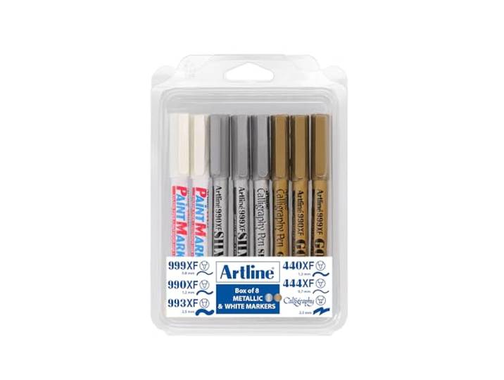 ARTLINE Metalic Stiften Set - 8 Stuks - Goud en Zilveren kleuren - Feestdagen editie - Permanent lakstiften