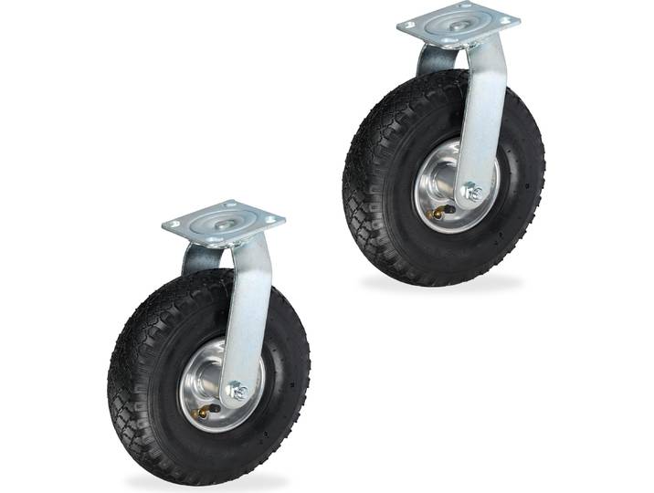 Relaxdays Lenkrollen 2er Set, luftbereift, 3.00-4, Schwerlastrollen, Platte zum Anschrauben, bis 240 kg, schwarz/silber