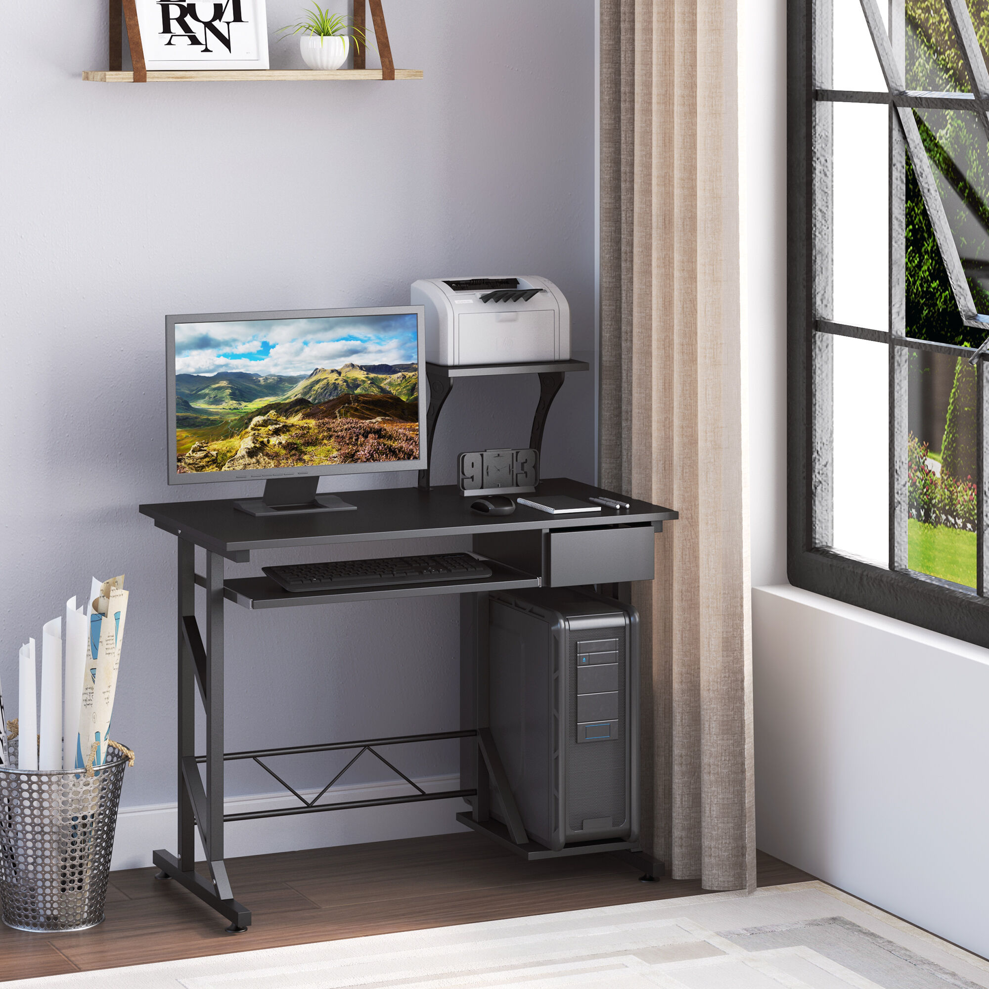 Altro Scrivania Per Computer Salvaspazio In Acciaio E Legno, Scrivania Da Ufficio Con Cassetto, Ripiano Tastiera Estraibile, 90x50x100 Cm, Nero