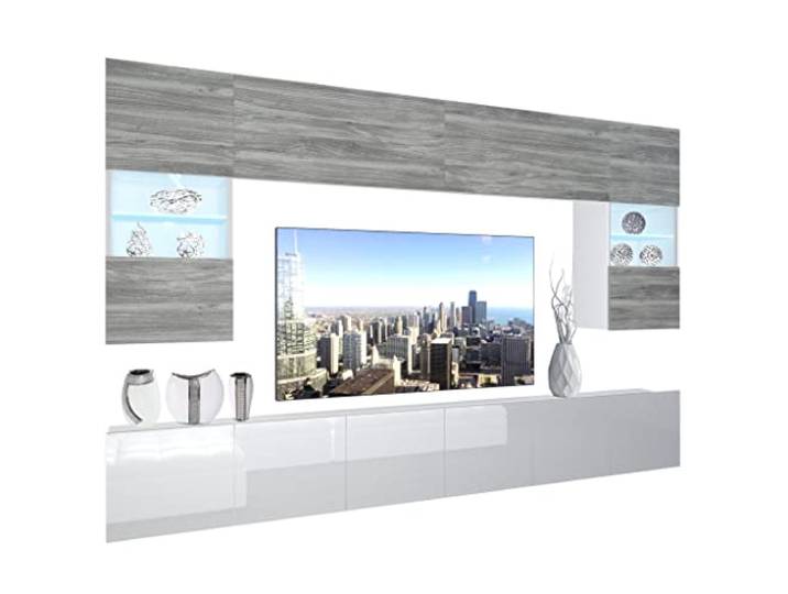 BELINI Wohnwand Schrankwand NEX 1 mit LED-Beleuchtung, Glamour Holz/Weiß Vollausstattung Wohnzimmer-Set Moderne Schrankwand Anbauwand TV-Schrank
