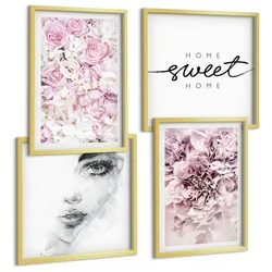 BILDER SET 4er Set - 50x50 cm & 40x60 cm Goldrahmen - Pfingstrosenporträt einer Frau für Zuhause