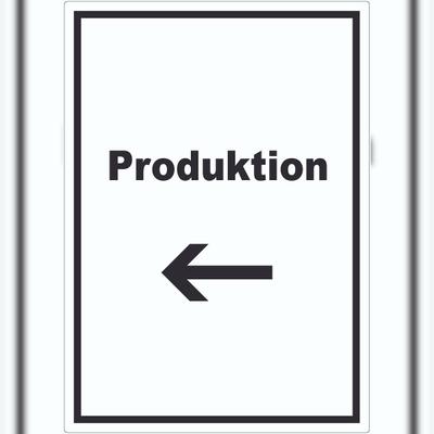 HB-Druck Produktion Aufkleber mit Text und Richtungspfeil links Herstellung hochkant A4 (210x297mm)