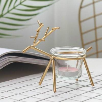 Inspired Deals Rustic Wrought Iron Candle Holder With Deer Design Glass Tealight Stand For Home Table Decor gold