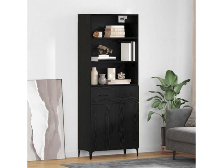 RJPLMFV Oberer Schrank Eiche Schwarz 69,5 x 34 x 180 cm Holzwerkstoff, verstellbare Regale, Eisenbeine, für Wohnzimmer und Esszimmer