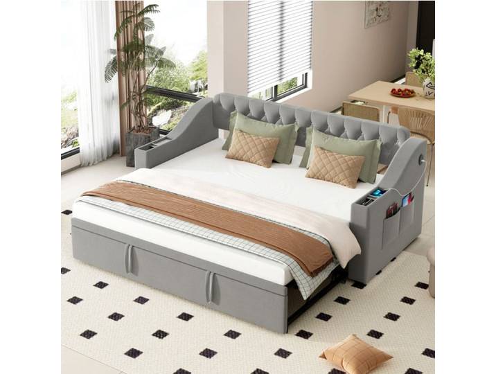 Lit modulable gris 90×190 cm, sommier inclus, USB et rangements, structure solide, sans matelas
