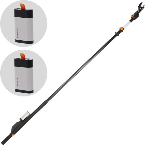 Fiskars eTree Pruner bypass - Échenilloir à batterie - 240/400 cm - 24 V - 2 x 12 V 4 Ah - Diamètre de coupe 32 mm