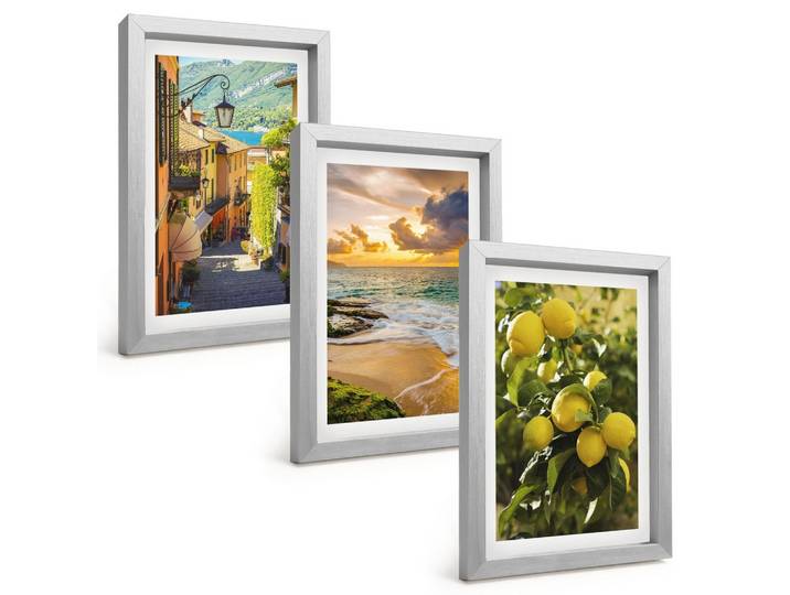 BILDER SET 3er Set - 20x30 cm Silberner Rahmen - Straßen, Meer, Strand, Zitrusbäume