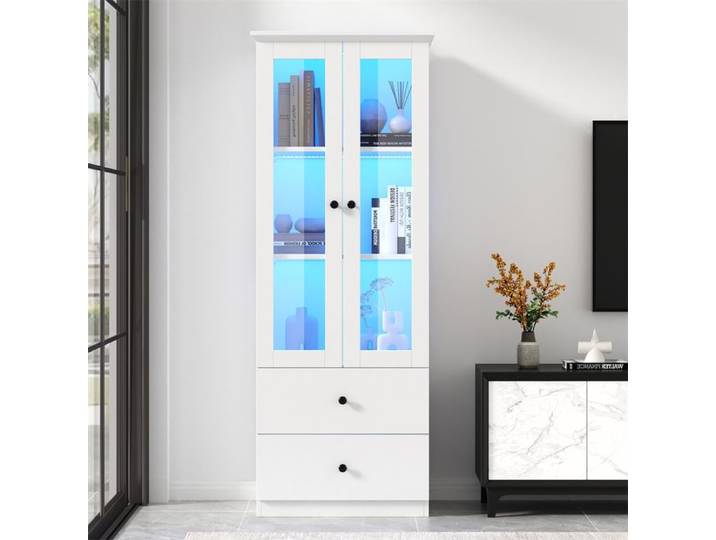 DRIPEX Vitrine LED moderne Blanc mat hauteur 165 cm Vitrine avec deux tiroirs étagères réglables pour salon