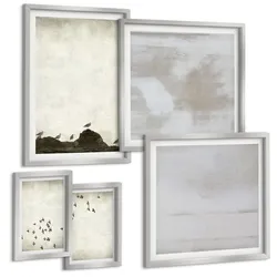 BILDER SET 5er Set - 50x50 cm & 20x30 cm & 40x60 cm Silberner Rahmen - Minimalistische Vögel im Flug